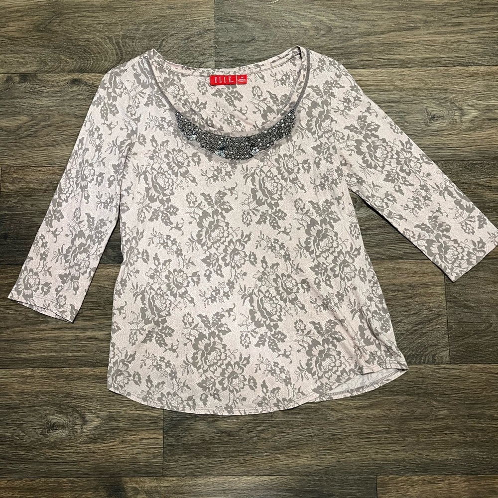 Elle Gray/Pinkish Y2K Floral Top with Beaded Detail